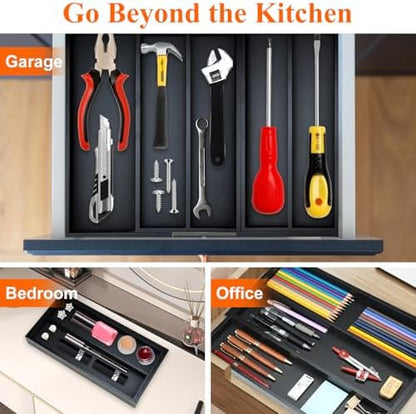 Expandable Black Bamboo Kitchen Utensils Drawer Organizer Silverware Tray