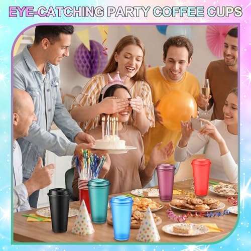 Honeydak 45 Pack 16 oz Reusable Coffee Cups with Lids Water Bottle Iced Coffee Travel Mug Portable Plastic Tea Tumblers Bulk for Hot and Cold Drinks Birthdays Party (Fluorescent Color,Stylish)
