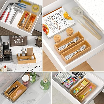 VeyFey Silverware Tray for Drawer, Stackable Kitchen Bamboo Drawer Organizer 9" x 3" x 2" Set of 2