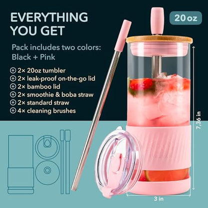 Pandaloo® Glass Cups With Lids and Straws -20 Fl Oz- Perfect Size Iced Coffee Cup - Smoothie Cup With Bamboo Lid and On the go Lid - Glass Tumbler (2 Count (Pack of 1), Black Saphir-Tender Pink)