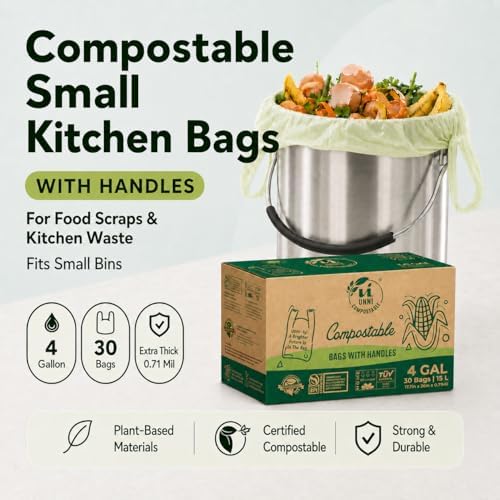 UNNI 4 Gallon Compostable Bags with Easy-Tie Handles, 15 Liter, 30 Count