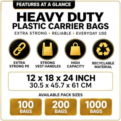 Reusable Heavy Duty White Plastic Shopping Bags with Handles, T-Shirt Grocery Carrier Bags, 12 x 18 x 24 Inch, HDPE Retail, Convenience Store & Takeout Bags, 1000 Pack