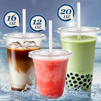 Charmount 50 Sets- 12 oz Clear Plastic Cups with Lids and Straws