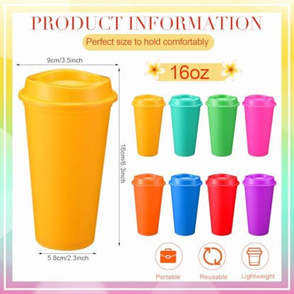 Honeydak 45 Pack 16 oz Reusable Coffee Cups with Lids Water Bottle Iced Coffee Travel Mug Reusable Portable Plastic Tea Tumblers Bulk for Hot and Cold Drinks Birthdays Party (Classic,Rich Colors)