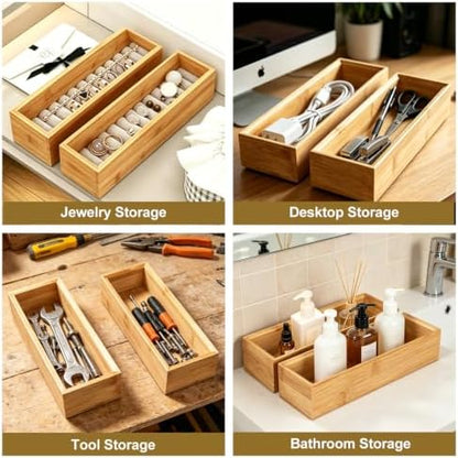 Bamboo Drawer Organizer Set of 2 for Kitchen Drawers, Small Stackable Drawer Organizer for Silverware, Utensils, Cutlery, Flatware, Junk Drawer, Dresser, Bathroom, 9" x 3" x 2"