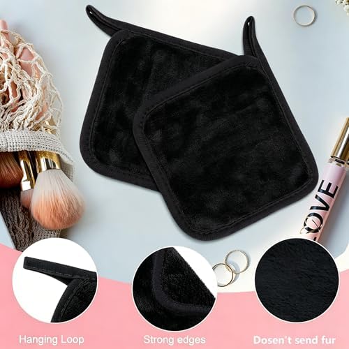 Makeup Remover Cloth 12 Pack, Ultra Soft and Reusable Microfiber Makeup Remover Towels for All Skin Types, Makeup Removal Face Cleansing Cloth, 6” X 6”, Black