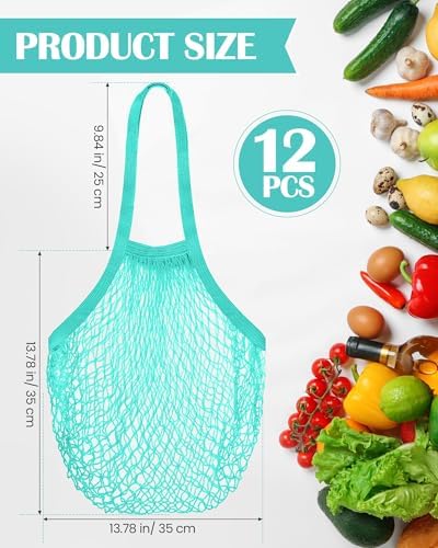 Eccliy 12Pcs Reusable Cotton Mesh Grocery Bag with Handle, Teal, 10 in