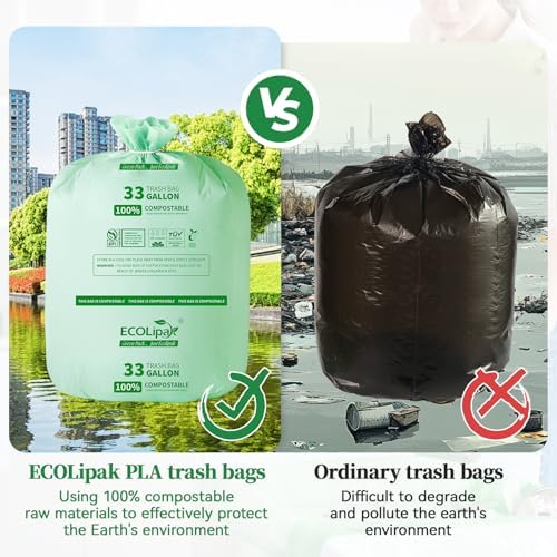 ECOLipak 33 Gallon 25 Count Large Compostable Trash Garbage Bags for Lawn