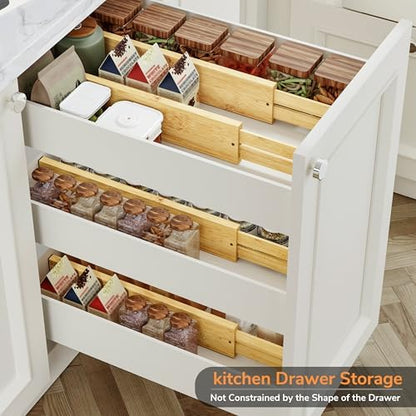 BAMEOS Bamboo Expandable Drawer Dividers – Fits 16.65"–22" Drawers, 3" Deep Walls, Set of 4 | Taller Spring-Loaded Separator Keeps Items Upright in Kitchen & Dresser Drawers