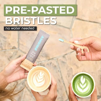 Brushee Travel Toothbrush 12-Pack, Bamboo Disposable 3-in-1 with Flosser