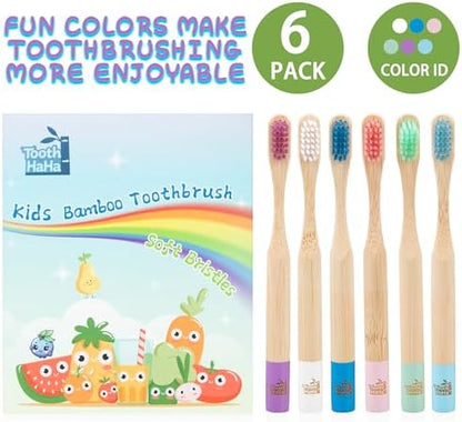 Kids Bamboo Toothbrushes, BPA-Free Soft Bristles, Eco-Friendly Natural Wooden Toddler Toothbrush, 6-Pack Travel Toothbrushes Set for Children