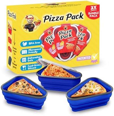 PIZZA PACK The Perfect Reusable Pizza Storage Container with 5 Microwavable Serving Trays - BPA-Free Adjustable Pizza Slice Container to Organize & Save Space, 3 Pack, Blue