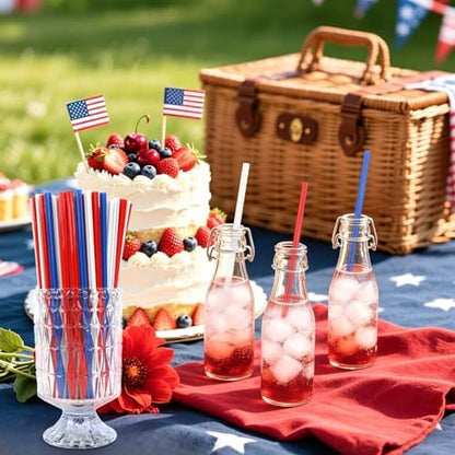 JANYUN 30 Pieces Patriotic Plastic Straws, Red White Blue Star Straws