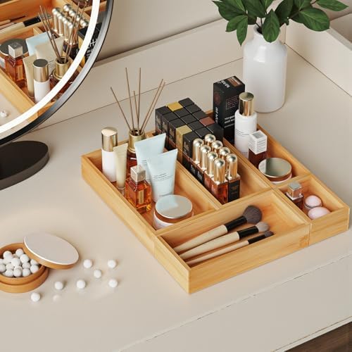 Bamboo Drawer Organizer Boxes, 5 PCS Junk Drawer Organizer, Wooden Storage Trays for Kitchen, Bathroom, Office, Makeup