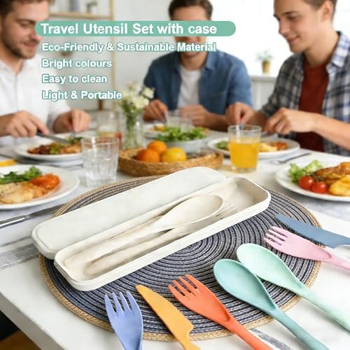 2Pack Wheat Straw Utensil Set, BPA Free Reusable Fork Spoon Knife with Case