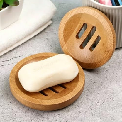 2 Pack Round Bamboo Wooden Soap Dishes, Shampoo Bar Holder with Self Draining Tray, Travel Soap Saver Case for Bathroom Kitchen Sink