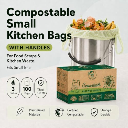 UNNI 3 Gallon Compostable Bags with Easy-Tie Handles, 11.35 L, 200 Count