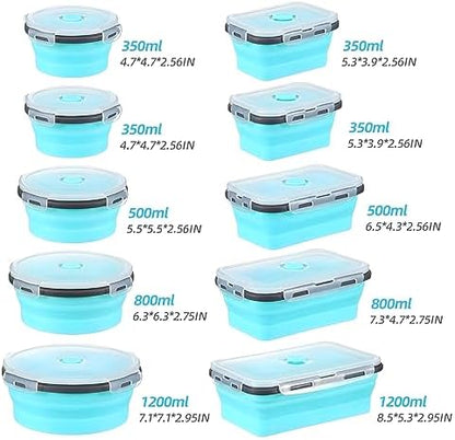 GEMLORD 10 Pieces Collapsible Food Storage Containers Foldable Silicone Lunch Containers with Airtight Lids, 5 Pcs Rectangle and 5 Pcs Round Food Bowls for Kitchen Microwave Freezer Dishwasher Safe