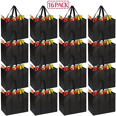 DIOMMELL Set of 16 Reusable Grocery Bags Extra Large Super Strong Heavy Duty Shopping Tote Bags with Reinforced Handles Black
