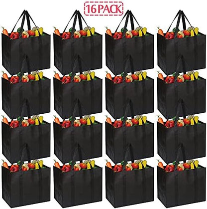 DIOMMELL Set of 16 Reusable Grocery Bags Extra Large Super Strong Heavy Duty Shopping Tote Bags with Reinforced Handles Black