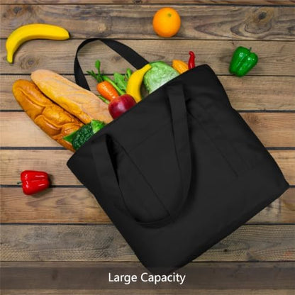 TOPDesign 6-Pack Canvas Tote Bags with an External Pocket, Reusable Grocery Shopping Bags, Top Zipper Closure, Daily Essentials (Black)