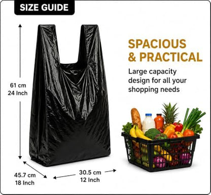Heavy Duty Black Plastic Shopping Bags with Handles, T-Shirt Grocery Carrier, 12 x 18 x 24 Inch, HDPE for Retail, Convenience Stores and Takeout, 200 Count
