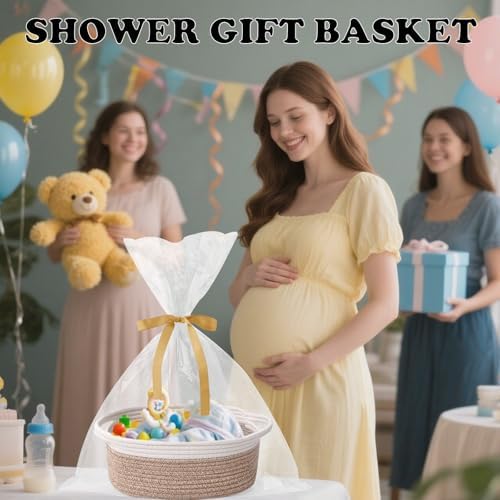 Woven Rope Basket - Baby Gift Basket with Bag & Ribbon, Mixed Brown