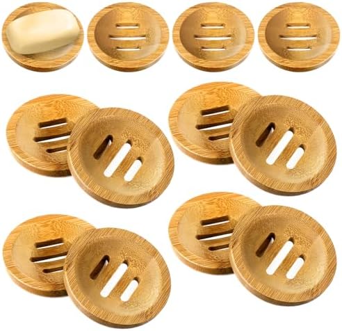 12 Pcs Round Soap Dishes Bulk, Bamboo Soap Holder Self-Draining Tray for Shower Kitchen Sink Bathroom