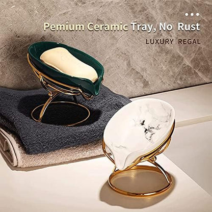 Dobbyby Leaf-Shaped Soap Dish – Ceramic Soap Bar Holder with Self-Drainage System – Bar Soap Holder for Shower, Bathroom Sink, Kitchen – Soap Dish with Stainless Steel Stand (White-Gold-2 Pack)