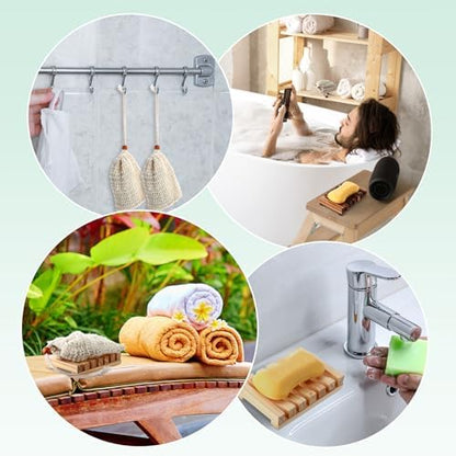 Mumufy 12 Pcs Bamboo Soap Dish Sisal Bag Drain,Mixed Color,Bamboo, Wooden