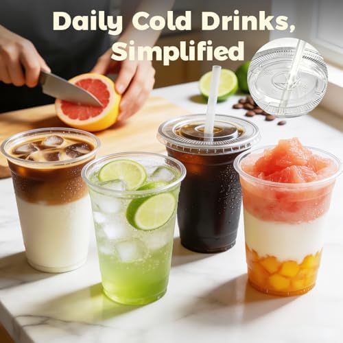 Charmount 100 Sets 16 oz Plastic Cups with Lids and Straws