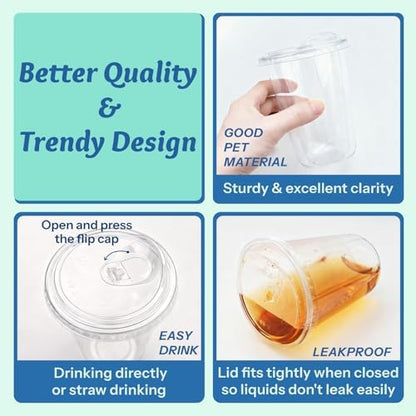 Homestockplus 15 oz Clear Plastic Cups with Lids (100 Pack) - Strawless Sip Lids, Leak-Proof & BPA-Free Iced Coffee Cups - Disposable Cold Drink Cups for Smoothies, Milkshake, Parties, Events