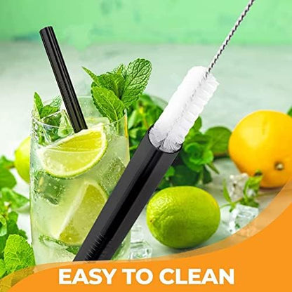 Vinaco 6 Pack Black 0.4" Wide Bore Reusable Stainless Steel Smoothie Straws