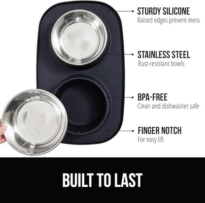 GORILLA GRIP Feeding Mat Set, 4 Cup, Patent Pending 100% Waterproof BPA Free Silicone, Stainless Steel Cat and Dog Bowls, Slip Resistant, High Edges Catch Water Food, US Designed Pet Accessories Black
