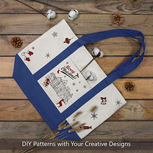 TOPDesign 1-Pack Canvas Tote Bag with an External Pocket, Reusable Grocery Shopping Bag, Top Zipper Closure, Daily Essentials (Blue/Natural)
