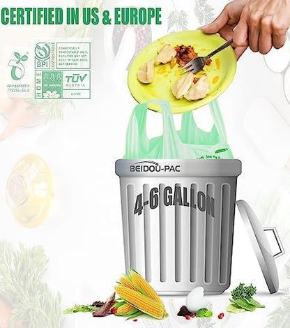 BEIDOU-PAC 4-6 Gallon Compostable Trash Bags, 150 Count Kitchen Trash Bags with Handle, Sturdy Compost Garbage Bags for Food Scrap Waste, ASTM D6400, US BPI Certified