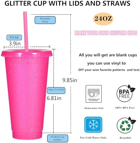 Suertestarry Tumbler with Straw and Lid,Water Bottle Iced Coffee Travel Mug Cup,Reusable Plastic Cups,Perfect for Parties,Birthdays,24oz-5 Pack (Bright Glitter, 5pack)