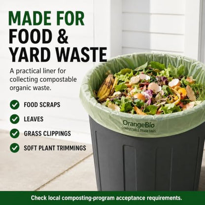 OrangeBio 55 Gallon Compostable Trash Bags, 60 Count, Heavy Duty Garbage Bags for Contractor, Yard Waste & Commercial Food Waste, Plant-Based, BPI ASTM D6400 & TÜV OK Compost Home Certified