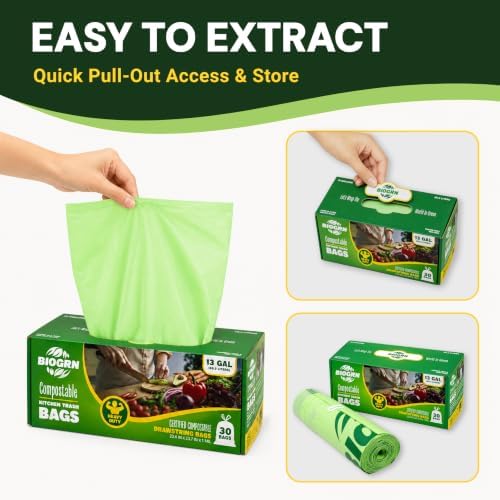 10-13 Gallon Compostable Trash Bags Drawstring 30 Bags Heavy Duty Extra Thick 1 Mil 49.21 Liter Biodegradable Trash Bags Compost Bags Green for Kitchen ASTM D6400 US BPI and OK Compost Home Certified