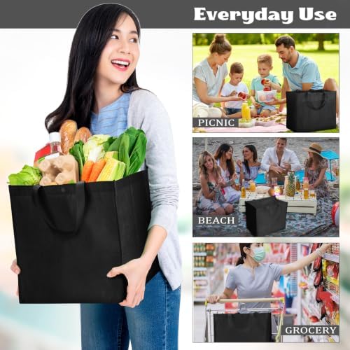Zhehao 60 Pcs Reusable Grocery Bags Bulk Large Foldable Shopping Tote Bags Non Woven with Handle and Plastic Button(Black)
