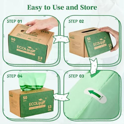 ECOLipak 13 Gallon 50 Count Compostable Kitchen Trash Garbage Bags
