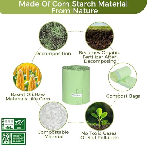 3 Gallon Compostable Trash Bags with Handle-Tie, Thick 0.67 Mil, 11.36 Liter, 80 Bags, Small Kitchen Food Scrap Waste Bag, ASTM D6400, US BPI and OK Compost Home Certified