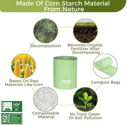 3 Gallon Compostable Trash Bags with Handle-Tie, Thick 0.67 Mil, 11.36 Liter, 80 Bags, Small Kitchen Food Scrap Waste Bag, ASTM D6400, US BPI and OK Compost Home Certified