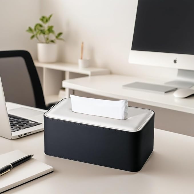KINGFOM Tissue Box Cover, PU Leather Tissue Box Holder Rectangular, Modern Facial Tissue Paper Napkin Dispenser for Bathroom, Home, Office, Car Automotive Decoration with Magnetic Lid Black