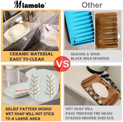 Miamolo Soap Dish Bar Cleaner Dish for Shower, Ceramic Soap Dishes for Large Soap Bar Shampoo or Sponge, Shower Soap Dish Soap Saver Tray for Bathroom Kitchen Sink, Easy to Clean