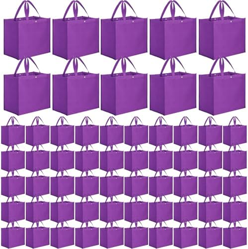 Zhehao 60 Pcs Reusable Grocery Shopping Bags Large Foldable Gift Tote Non Woven Fabric Bags with Handle and Plastic Button for Birthdays, Bridesmaids, Party Favors, 15 x 9.5 x 13 Inch (Purple)