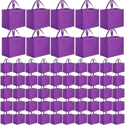 Zhehao 60 Pcs Reusable Grocery Shopping Bags Large Foldable Gift Tote Non Woven Fabric Bags with Handle and Plastic Button for Birthdays, Bridesmaids, Party Favors, 15 x 9.5 x 13 Inch (Purple)