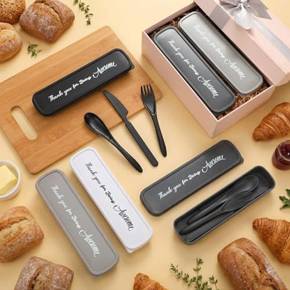 24 Pack Reusable Travel Utensils Set Case Thank You for Being Awesome Appreciation Gifts Bulk for Employee Coworker Student Portable Lunch Utensils Wheat Straw Fork Spoon Knife for Picnic(Plain Color)