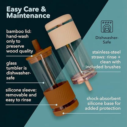 Pandaloo® Glass Cups With Lids and Straws -20 Fl Oz- Perfect Size Iced Coffee Cup - Smoothie Cup With Bamboo Lid and On the go Lid - Glass Tumbler (2 Count (Pack of 1), Peach Fuzz-Lilac Rhapsody)