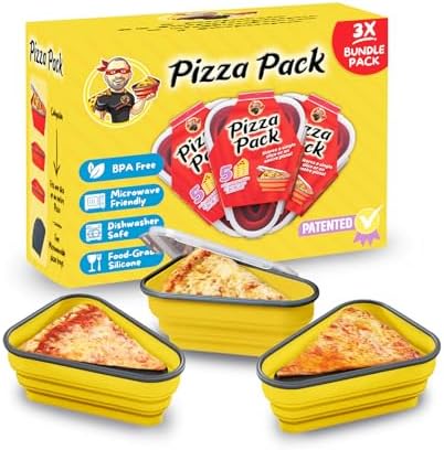 PIZZA PACK The Perfect Reusable Pizza Storage Container with 5 Microwavable Serving Trays - BPA-Free Adjustable Pizza Slice Container to Organize & Save Space, 3 Pack, Yellow